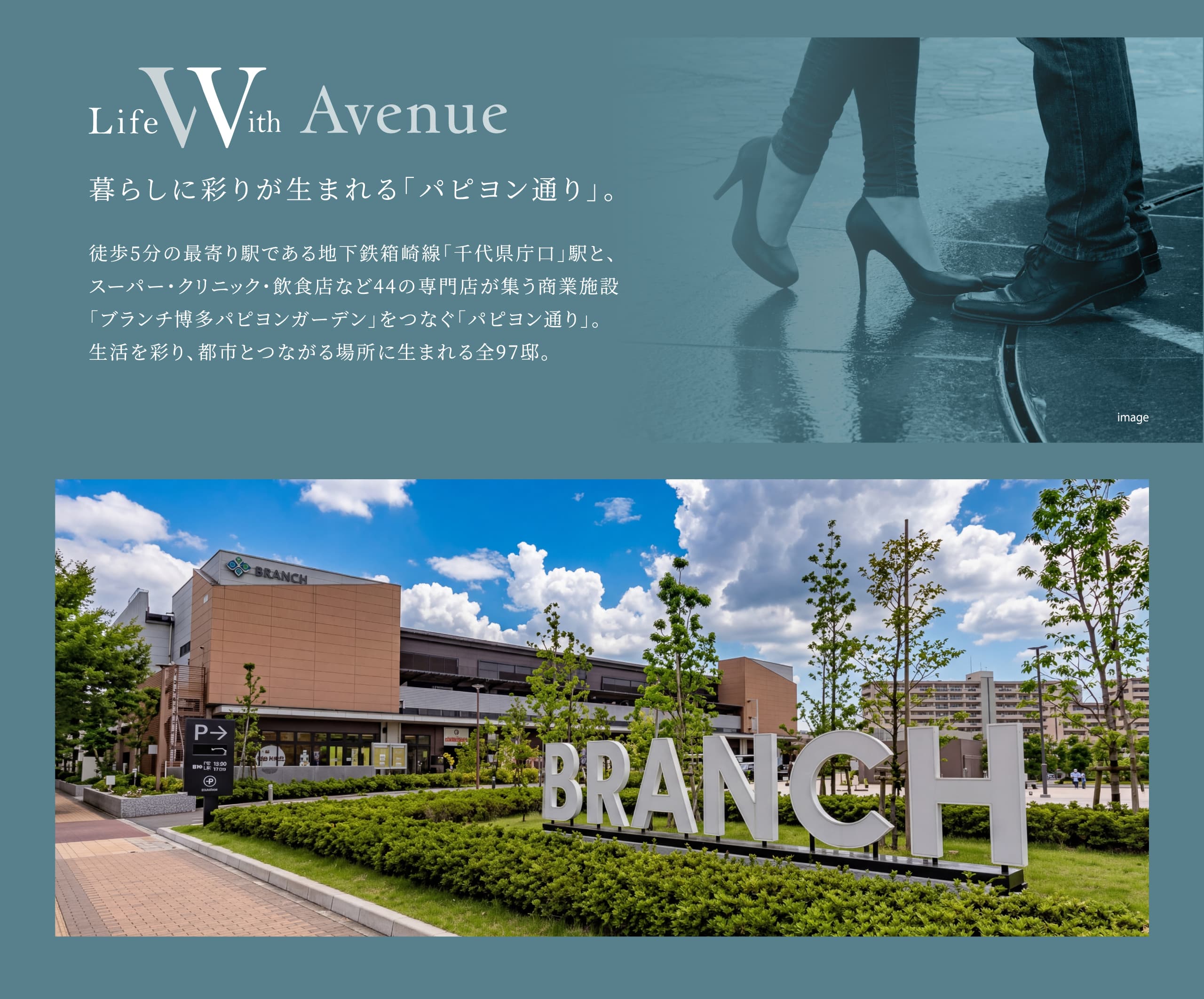 暮らしに彩りが生まれる「パピヨン通り」。徒歩5分の最寄り駅である地下鉄箱崎線「千代県庁口」駅と、スーパー・クリニック・飲食店など44の専門店が集う商業施設「ブランチ博多パピヨンガーデン」をつなぐ「パピヨン通り」。生活を彩り、都市とつながる場所に生まれる全97邸。