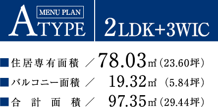 ATYPE【3LDK＋3WIC】住居専有面積：78.03平方メートル（23.60坪）／バルコニー面積：19.32平方メートル（5.84坪）／合計面積：97.35平方メートル（29.44坪）