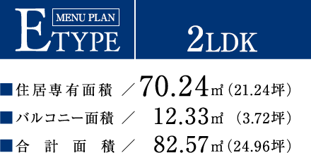 ETYPE【3LDK＋WIC】住居専有面積：70.24平方メートル（21.24坪）／バルコニー面積：12.33平方メートル（3.72坪）／合計面積：82.57平方メートル（24.96坪）