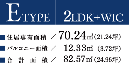 ETYPE【3LDK＋WIC】住居専有面積：70.24平方メートル（21.24坪）／バルコニー面積：12.33平方メートル（3.72坪）／合計面積：82.57平方メートル（24.96坪）
