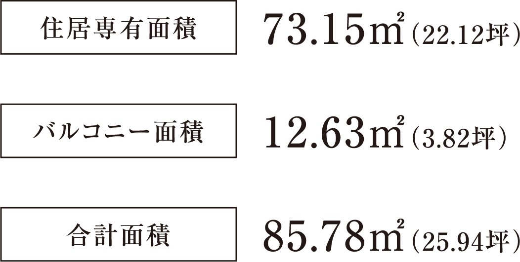 住居専有面積 73.15㎡ （22.12坪） バルコニー面積 12.63㎡ （3.82坪） 合計面積 85.78㎡ （25.94坪）